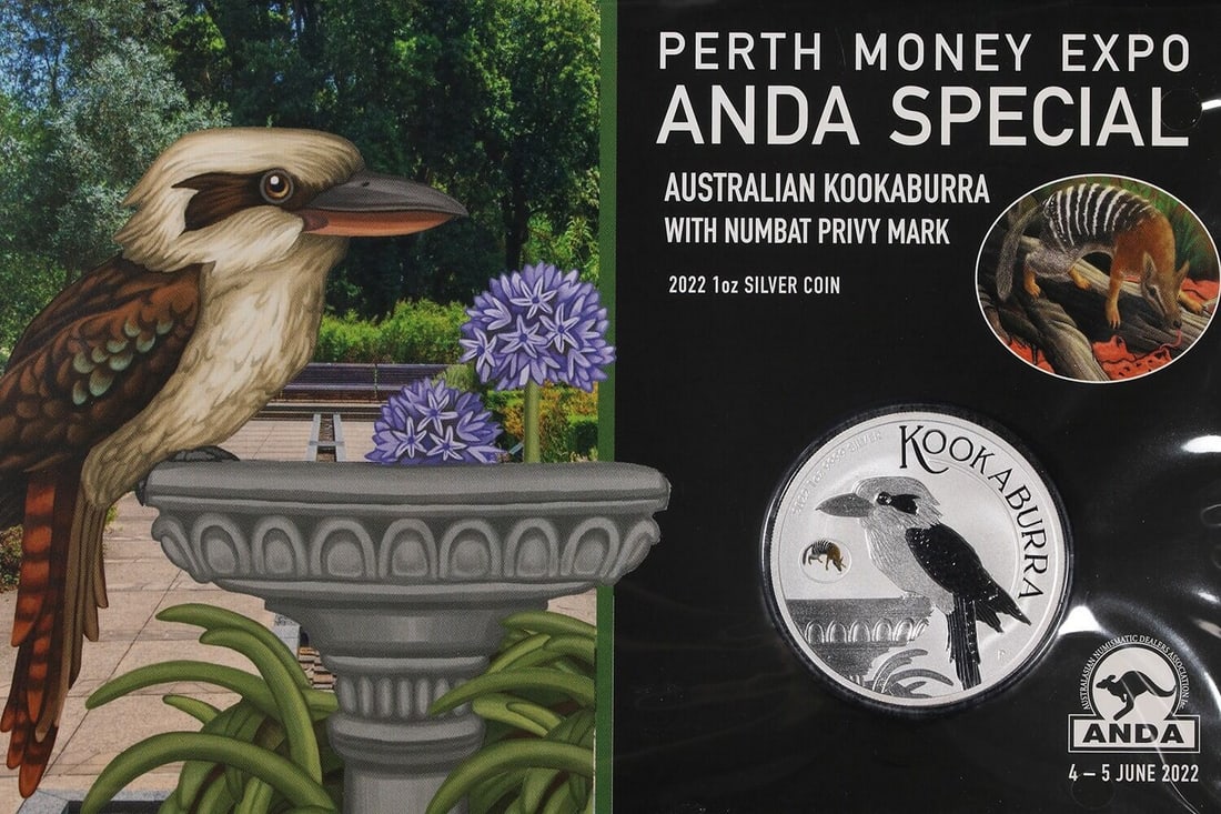 2022 Australia Silver $1 Kookaburra Numbat Privy Perth ANDA Special: 2022 Australia Silver $1 Kookaburra Numbat Privy Perth ANDA Special This is an original 2022 Australia 1 Ounce Silver $1 coin featuring the Kookaburra with a Numbat privy mark. Issued as a special rel