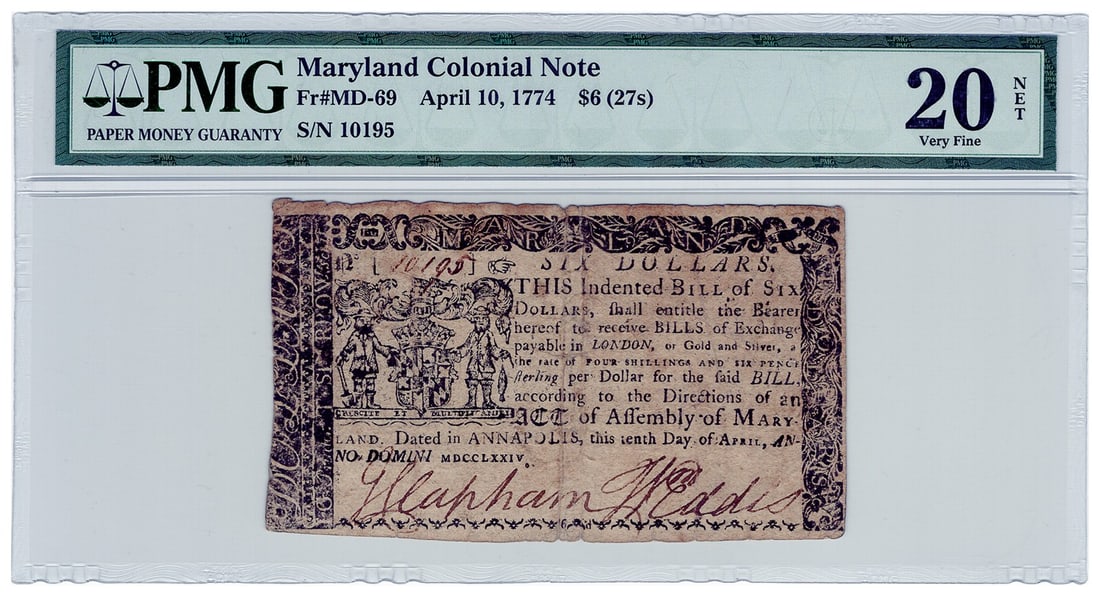1774 Maryland Colonial Note $6 27 Shillings PMG VF20: 1774 Maryland Colonial Note $6 27 Shillings PMG VF20 This Maryland Colonial Note, issued on April 10, 1774, features a denomination of $6 (equivalent to 27 shillings). Certified by PMG with a grade of