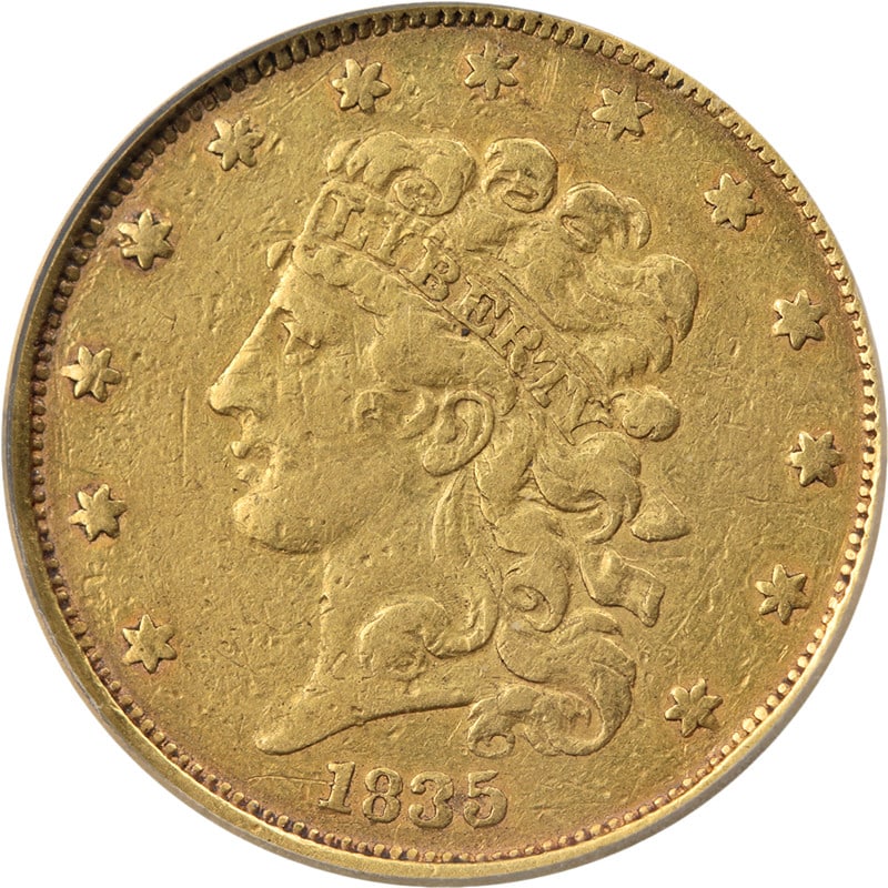 1835 Classic Head $5 Gold Coin VF Uncertified: 1835 Classic Head $5 Gold Coin VF Uncertified This 1835 Classic Head Gold $5 coin from the United States features decent eye appeal and an average strike. The coin displays good color and surfaces, an