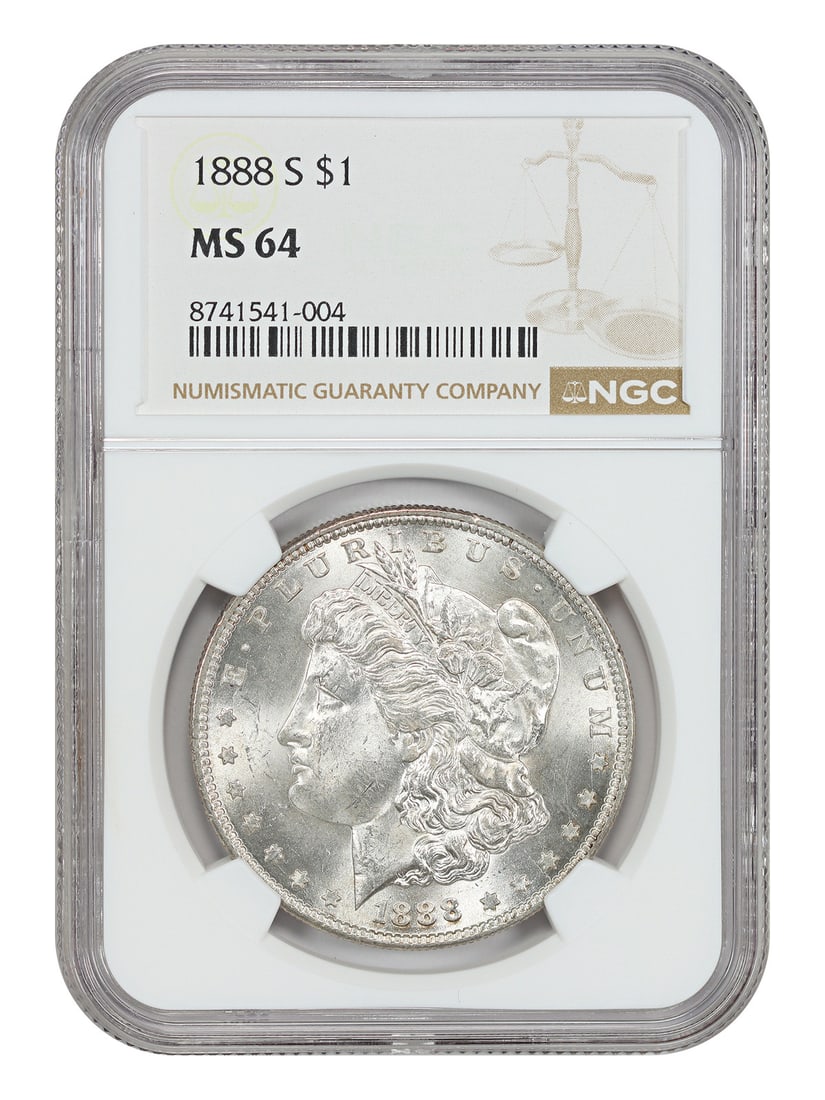 1888-S Morgan Dollar NGC MS64 San Francisco Mint: 1888-S Morgan Dollar NGC MS64 San Francisco Mint This is an 1888 Morgan Dollar struck at the San Francisco Mint, graded MS64 by NGC. With only 657,000 coins produced at this mint in 1888, this issue i