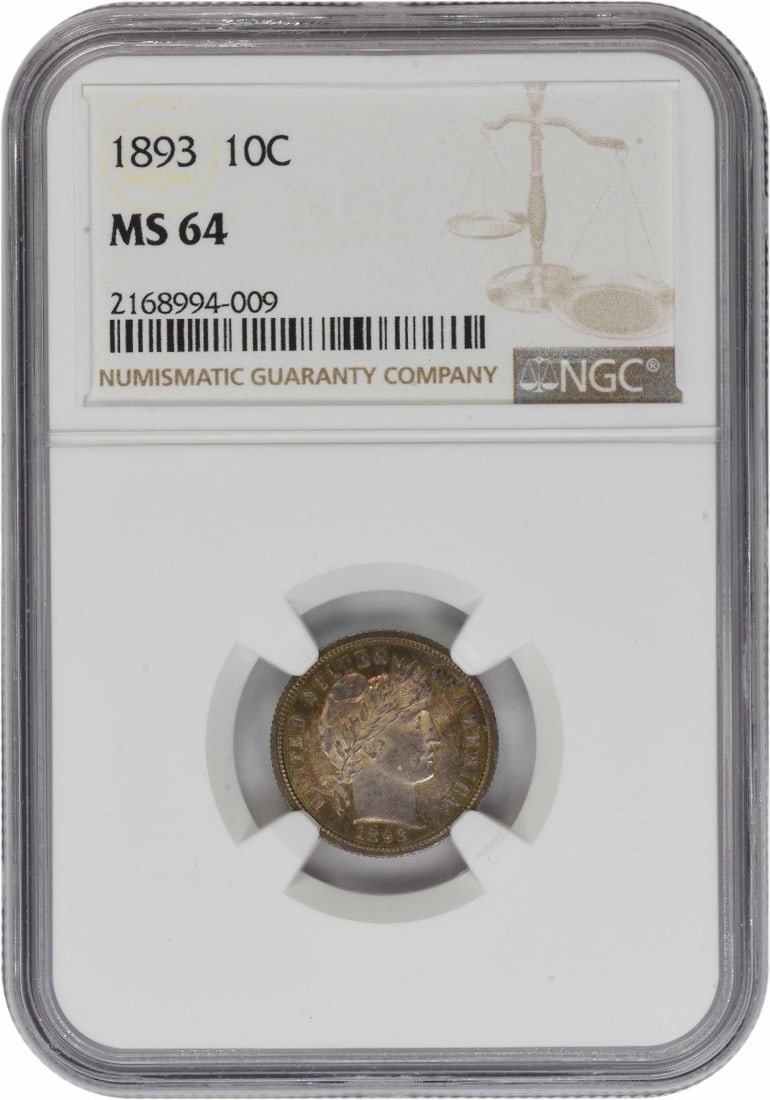 NGC MS64 1893 Philadelphia Barber Dime 90 Silver US Coin: NGC MS64 1893 Philadelphia Barber Dime 90 Silver US Coin This 1893 Barber Silver Dime is certified by NGC with a grade of MS64. Designed by Charles E. Barber and struck at the Philadelphia Mint, this 