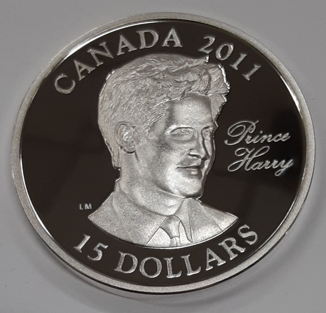 Prince Harry 2011 Canada $15 Sterling Silver Proof Coin in Capsule: Prince Harry 2011 Canada $15 Sterling Silver Proof Coin in Capsule This 2011 Canada $15 proof coin is struck in .925 sterling silver and features a commemorative design with a bust of Prince Harry, th