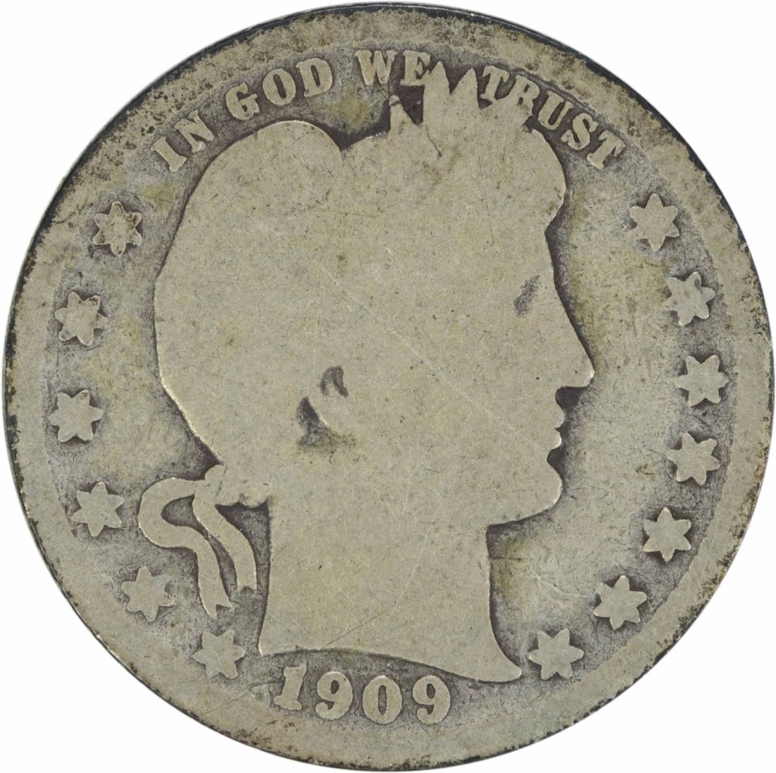 1909-O Barber Quarter 90% Silver AG Uncertified Coin: 1909-O Barber Quarter 90% Silver AG Uncertified Coin This 1909-O Barber Silver Quarter is a collectible piece from the United States, featuring the iconic design by Charles E. Barber. It is classified