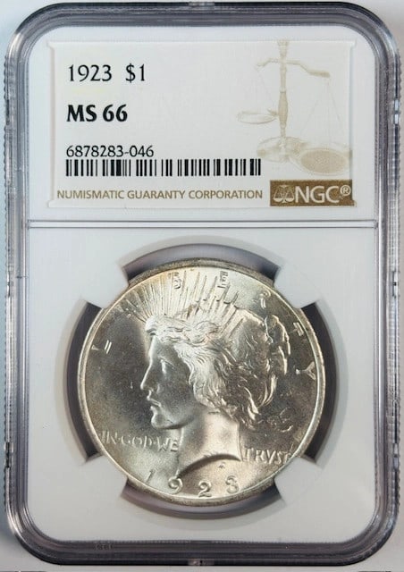 NGC MS 66 1923 Peace Silver Dollar: NGC MS 66 1923 Peace Silver Dollar This 1923 Peace Dollar is graded MS-66 by NGC, indicating a high-quality, well-preserved coin. Struck in silver, it is a pre-owned piece from the United States, offe