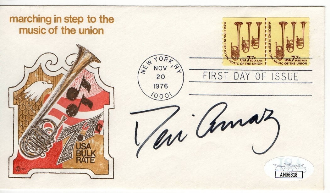 Autographed First Day Cover by Desi Arnaz I Love Lucy JSA Authenticated: Autographed First Day Cover by Desi Arnaz I Love Lucy JSA Authenticated This is an original first day cover card signed by Desi Arnaz, known for his role in "I Love Lucy." The autograph has been authe