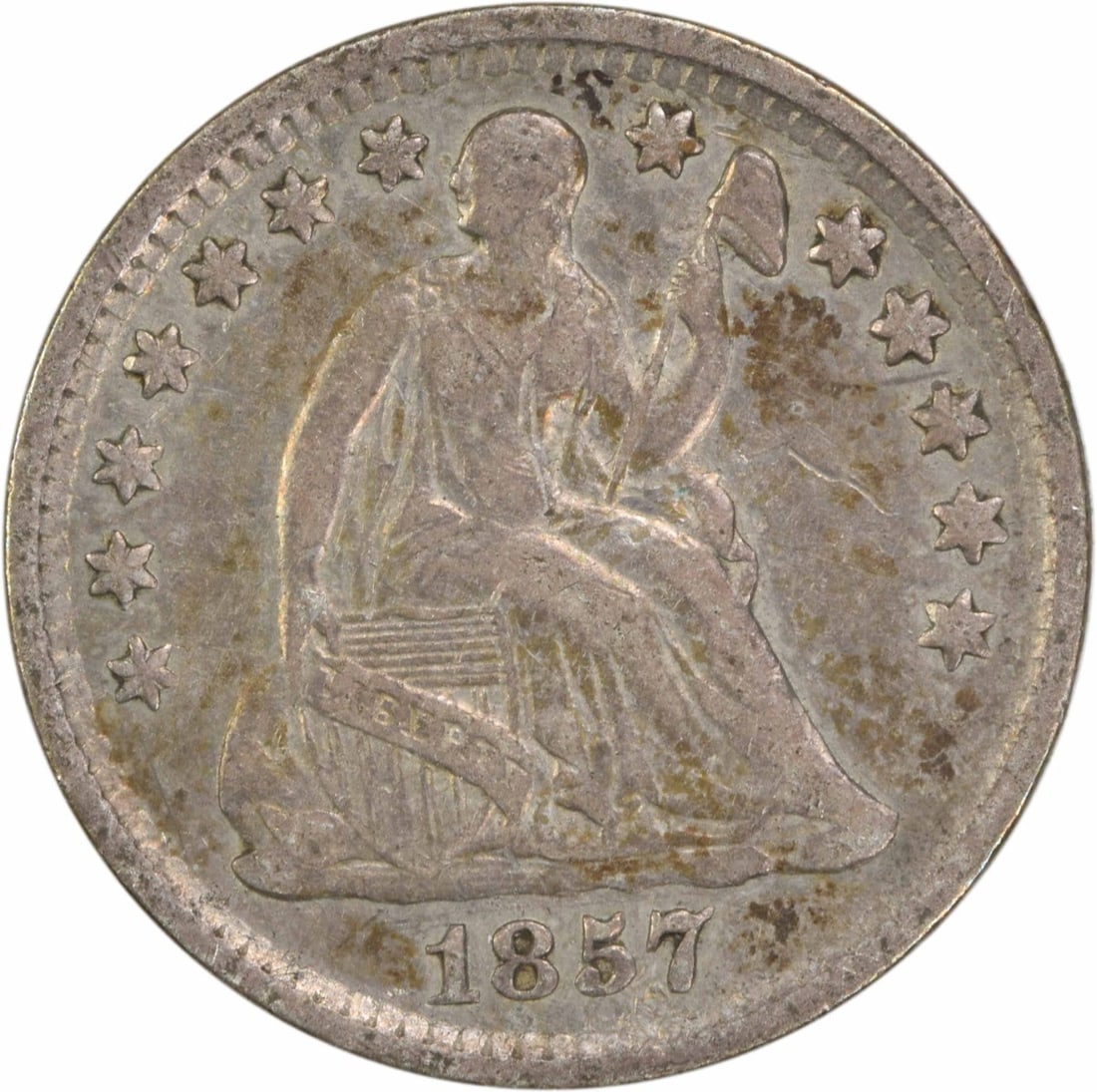 1857 Liberty Seated Half Dime EF Uncertified 90% Silver Coin: 1857 Liberty Seated Half Dime EF Uncertified 90% Silver Coin This 1857 Liberty Seated Silver Half Dime is a remarkable collectible coin from the United States, featuring a striking design by Christian