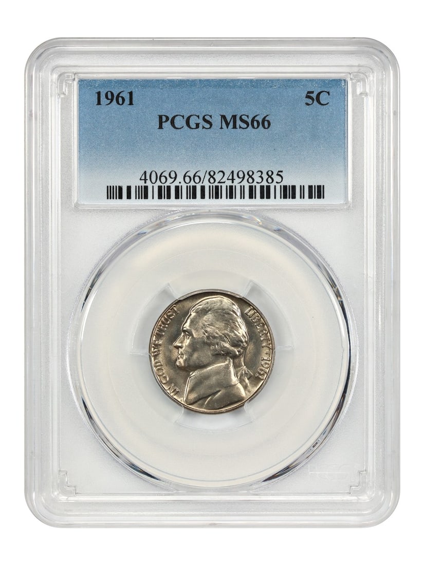 PCGS MS66 1961 Jefferson Five Cent Coin Uncirculated: PCGS MS66 1961 Jefferson Five Cent Coin Uncirculated This is a 1961 Jefferson Nickel graded MS66 by PCGS. The coin is uncirculated and was minted in Philadelphia. It has been certified by PCGS and car