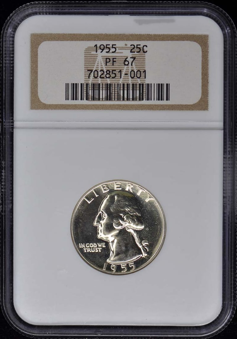 1955 NGC PR67 Washington Quarter Proof Coin Philadelphia Mint: 1955 NGC PR67 Washington Quarter Proof Coin Philadelphia Mint This 1955 Washington Quarter, graded PR67 by NGC, showcases exceptional quality in uncirculated condition. Struck in Philadelphia, this pr