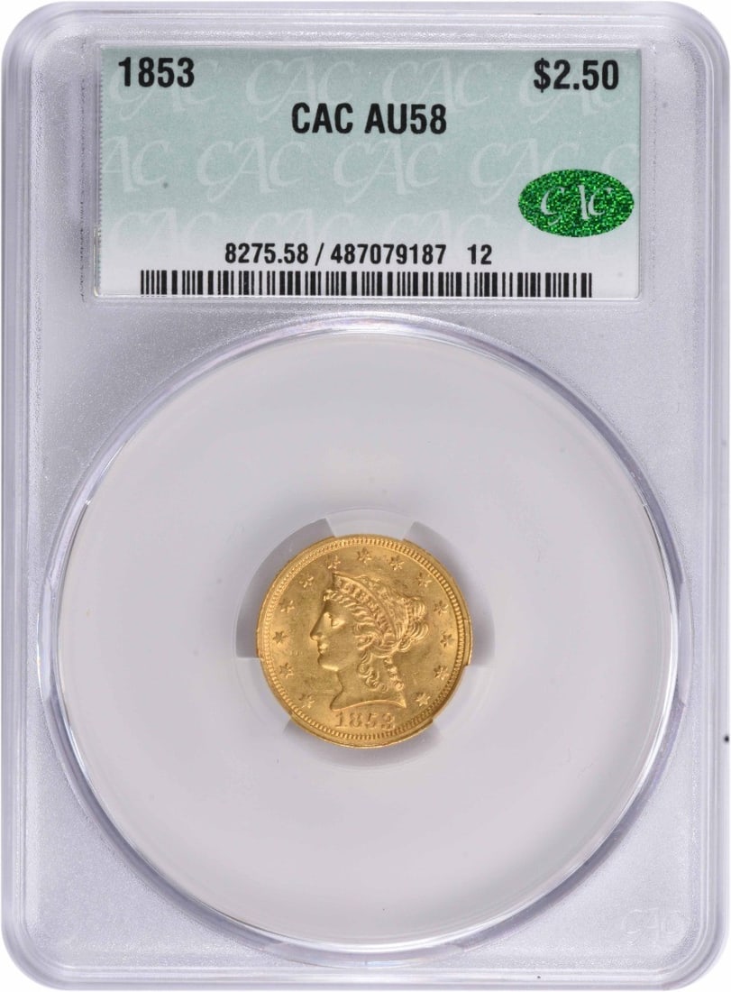 Uncirculated 1853 Gold $2.50 Liberty Head CACG AU58 Philadelphia Mint: Uncirculated 1853 Gold $2.50 Liberty Head CACG AU58 Philadelphia Mint This is an 1853 $2.50 Liberty Head gold coin, graded AU58 by CACG. Struck at the Philadelphia Mint, this pre-1933 coin features th