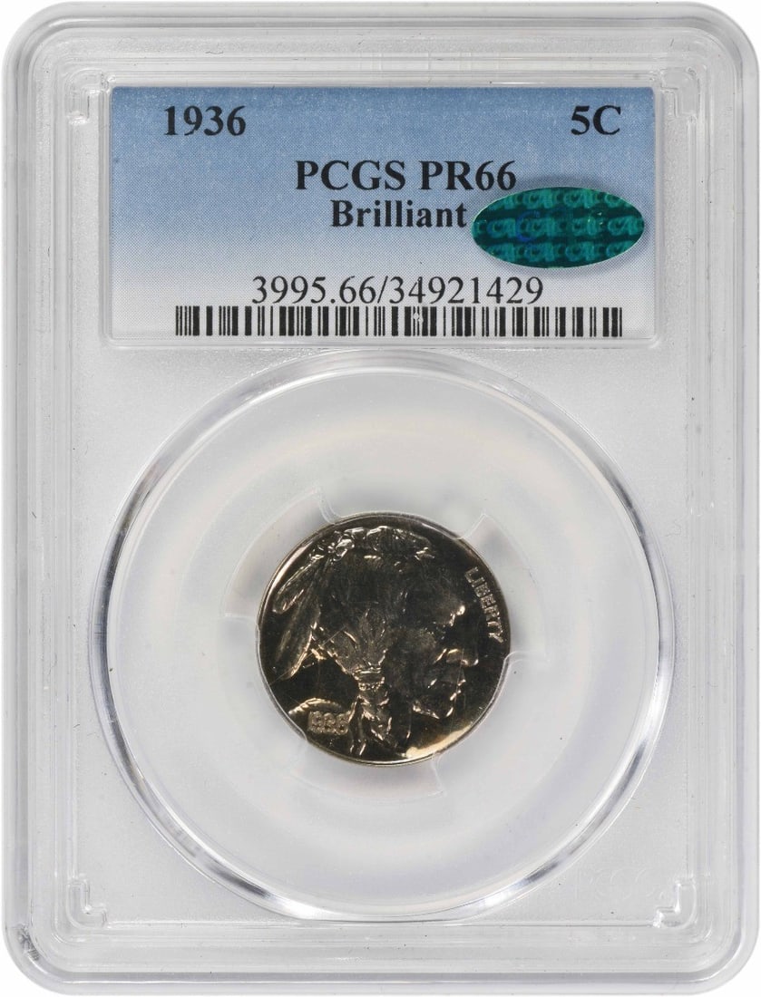 1936 Proof Buffalo Nickel PR66 PCGS CAC Certified: 1936 Proof Buffalo Nickel PR66 PCGS CAC Certified This is a 1936 Buffalo Nickel Type 2, graded PR66 by PCGS and verified by CAC. Struck as a proof coin at the Philadelphia Mint, it features the classi