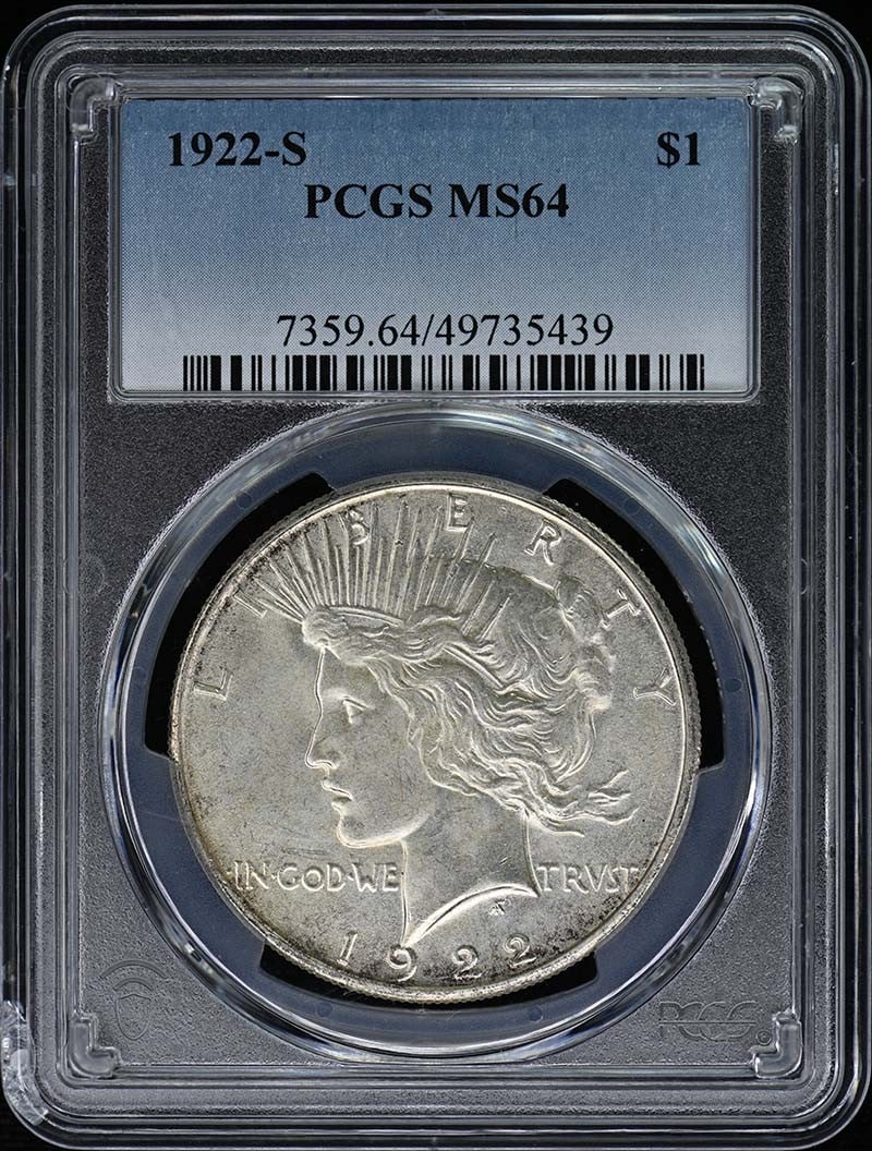 1922-S Peace Dollar PCGS MS64 Uncirculated San Francisco: 1922-S Peace Dollar PCGS MS64 Uncirculated San Francisco This stunning 1922-S Peace Dollar is certified by PCGS with a grade of MS64, indicating its uncirculated condition and exceptional quality. Min