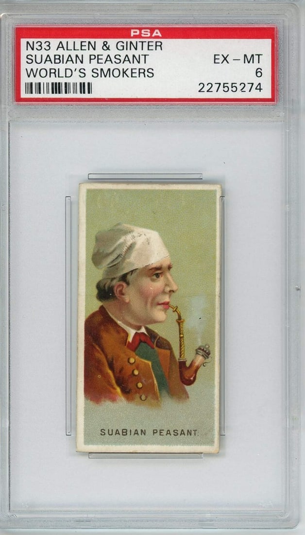 1888 Allen Ginter N33 Suabian Peasant Tobacco Card Graded PSA 6: 1888 Allen Ginter N33 Suabian Peasant Tobacco Card Graded PSA 6 This is a graded 1888 Allen & Ginter Worlds Smokers N33 Suabian Peasant Tobacco Card, featuring the Suabian Peasant athlete. The card ha