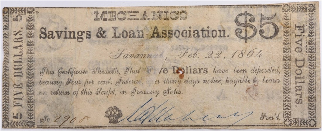 1864 Georgia Mechanics Loan Association Five Dollar Note (1 of 2)
