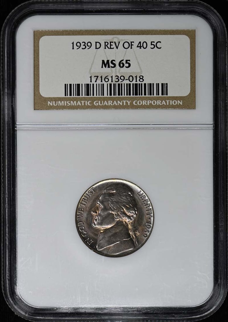 NGC MS65 1939-D Reverse of 1940 Jefferson Nickel Five Cent Coin: NGC MS65 1939-D Reverse of 1940 Jefferson Nickel Five Cent Coin This 1939-D Jefferson Nickel features the 'Reverse of 1940' variety and is certified by NGC with a grade of MS65. Minted in Denver, this