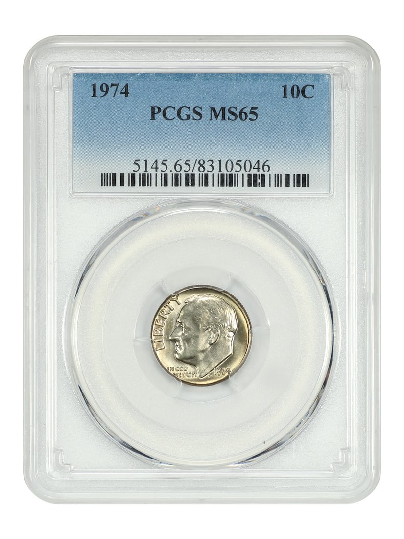 PCGS Certified 1974 Roosevelt Dime MS65 Philadelphia 10C Uncirculated: PCGS Certified 1974 Roosevelt Dime MS65 Philadelphia 10C Uncirculated This is a 1974 Roosevelt Dime with a denomination of 10 cents. The coin is graded MS65 by PCGS, indicating it is in uncirculated c