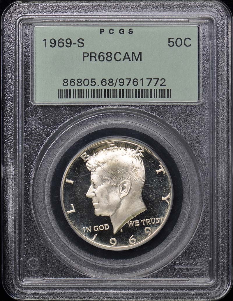1969-S Kennedy Half Dollar Type 2 Silver Clad PCGS PR68CAM: 1969-S Kennedy Half Dollar Type 2 Silver Clad PCGS PR68CAM This 1969-S Kennedy Half Dollar is a stunning example of proof coinage, expertly graded as PR68CAM by PCGS. Featuring a beautiful silver clad