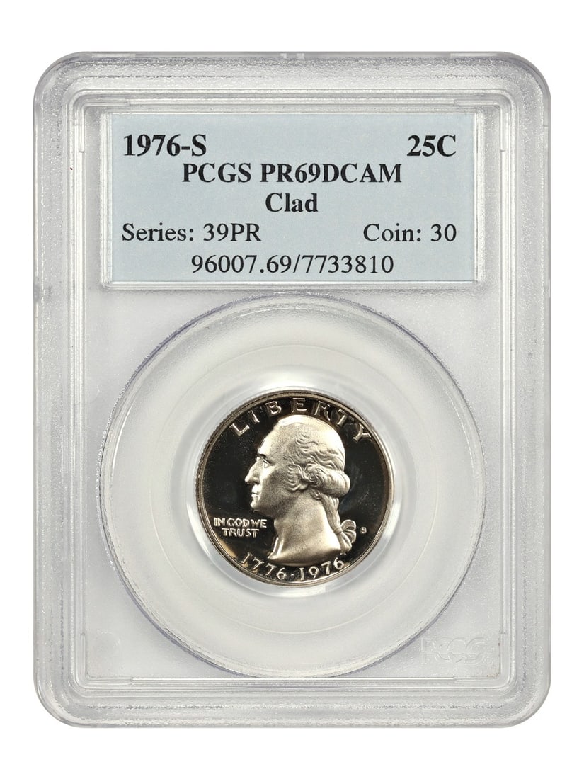 PCGS PR69DCAM 1976-S Washington Quarter Dollar San Francisco Mint: PCGS PR69DCAM 1976-S Washington Quarter Dollar San Francisco Mint This is a 1976-S Washington Quarter graded PR69DCAM by PCGS. The coin is in uncirculated condition and features the Deep Cameo proof s