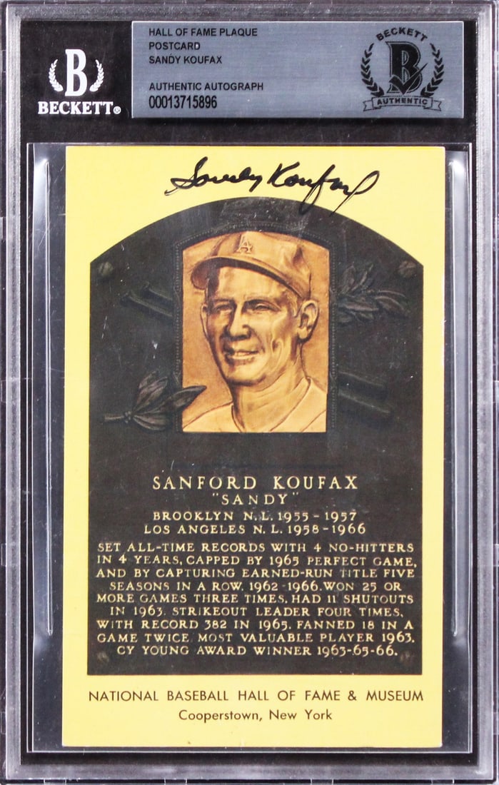 Sandy Koufax Signed Hall of Fame Plaque Postcard Beckett Authenticated: Sandy Koufax Signed Hall of Fame Plaque Postcard Beckett Authenticated This authentic Hall of Fame Plaque Postcard features the signature of Sandy Koufax, a legendary player from the Los Angeles Dodge