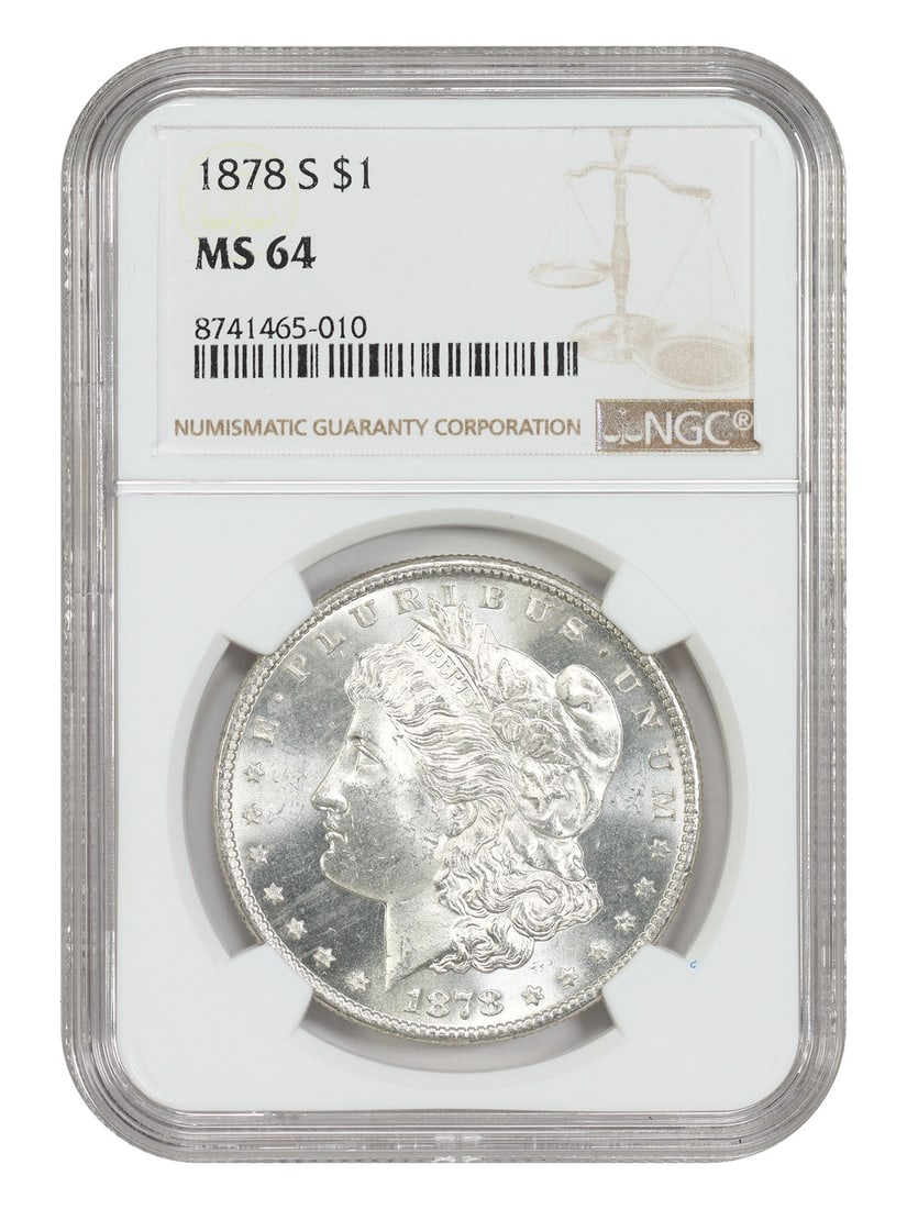 NGC MS64 1878-S Morgan Silver Dollar San Francisco Mint: NGC MS64 1878-S Morgan Silver Dollar San Francisco Mint This 1878 Morgan Dollar was struck at the San Francisco Mint and is graded MS64 by NGC. As the first year of issue for the S-mint Morgan Dollar,