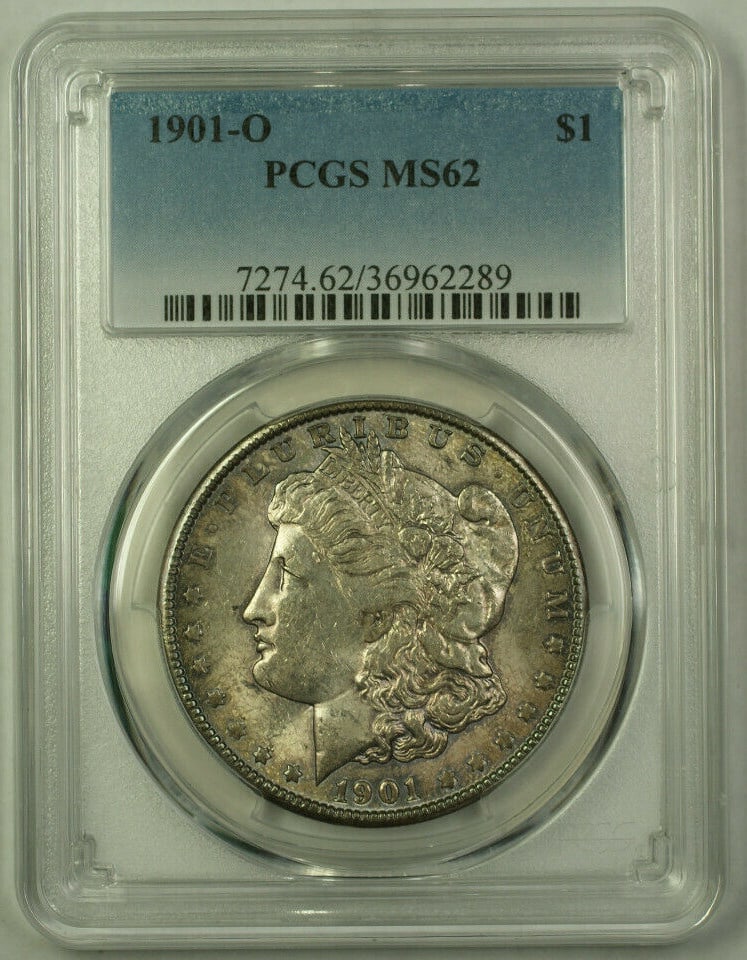 PCGS MS62 1901-O Morgan Silver Dollar Toned: PCGS MS62 1901-O Morgan Silver Dollar Toned This 1901-O Morgan Silver Dollar is an uncirculated coin graded MS-62 by PCGS. It features attractive toning and was minted in New Orleans. The coin is comp
