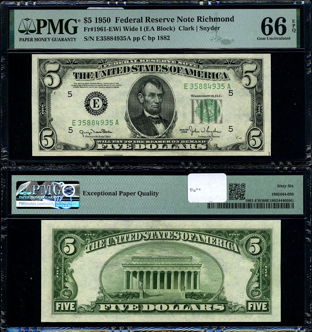 1950 $5 Federal Reserve Note Richmond E-A Block Wide I PMG Gem CU66 EPQ: 1950 $5 Federal Reserve Note Richmond E-A Block Wide I PMG Gem CU66 EPQ This 1950 Federal Reserve $5 note, designated as FR. 1961ewI, showcases remarkable features that set it apart. Graded as Gem CU6