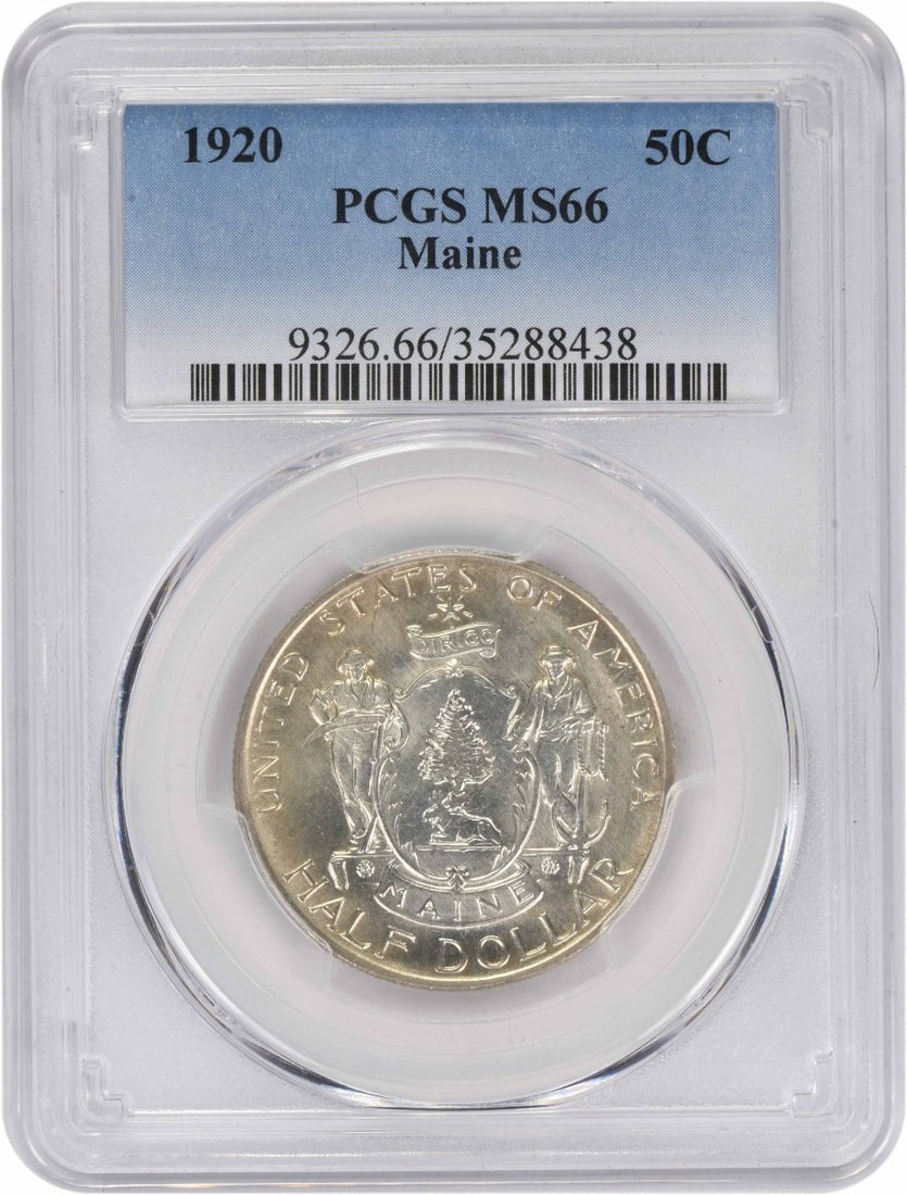 1920 Maine Commemorative Silver Half Dollar MS66 PCGS Uncirculated: 1920 Maine Commemorative Silver Half Dollar MS66 PCGS Uncirculated This stunning 1920 Maine Commemorative Silver Half Dollar is a remarkable piece of American numismatic history. Graded MS66 by PCGS, 