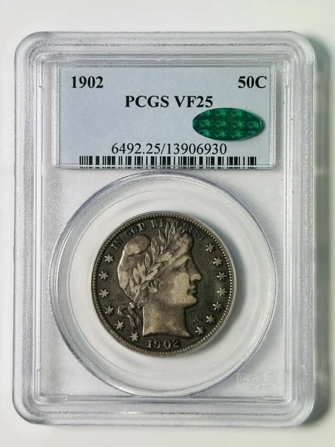 1902 Barber Half Dollar PCGS VF-25 CAC Silver: 1902 Barber Half Dollar PCGS VF-25 CAC Silver This 1902 Barber Half Dollar is graded VF-25 by PCGS and has also received CAC approval, indicating quality within its grade. Struck in silver at the Phil