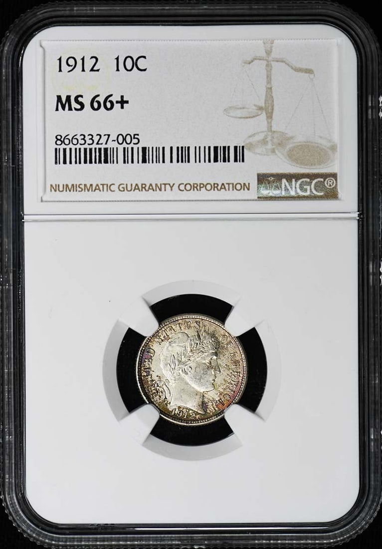 NGC MS66 Plus 1912 Barber Dime Philadelphia Mint Uncirculated 10 Cent Coin: NGC MS66 Plus 1912 Barber Dime Philadelphia Mint Uncirculated 10 Cent Coin This 1912 Barber Dime is certified by NGC with a grade of MS66+, indicating an uncirculated coin in excellent condition. Mint