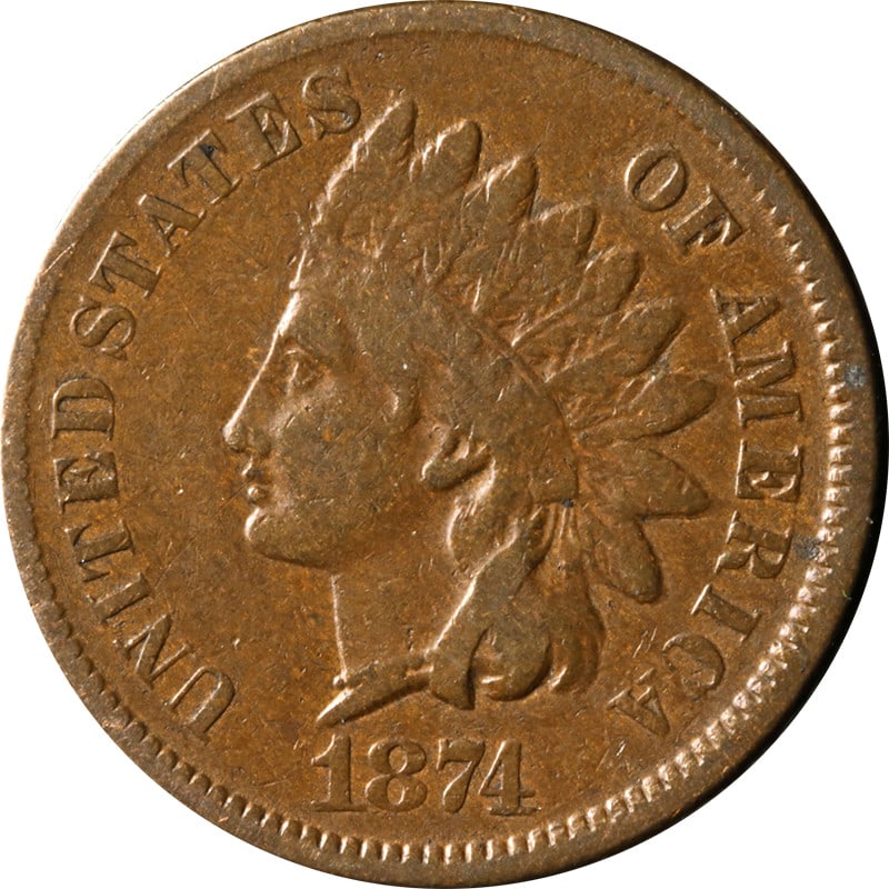 1874 Copper Indian Head One Cent United States Circulated Coin: 1874 Copper Indian Head One Cent United States Circulated Coin This is an 1874 Indian Cent from the United States, composed of copper. The coin is circulated and in pre-owned condition. It is uncertif