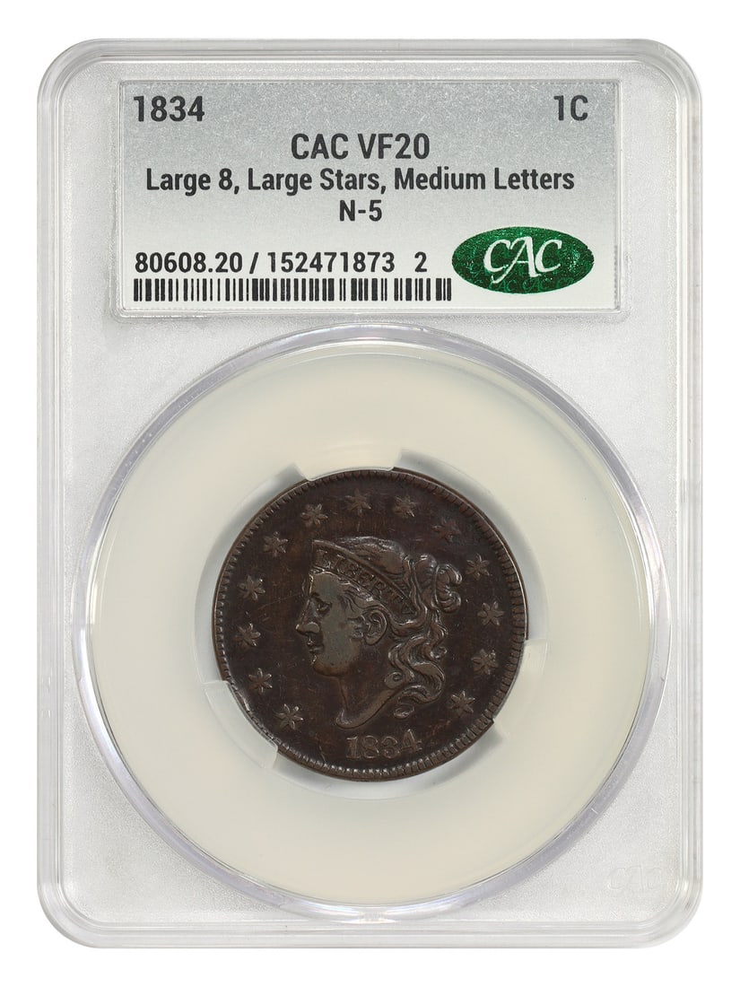 1834 Coronet Head Cent CACG VF20 Large Stars Variety: 1834 Coronet Head Cent CACG VF20 Large Stars Variety This 1834 Coronet Head Cent is the Large 8, Large Stars, Medium Letters variety, which is considered the rarest of its year and among the toughest 