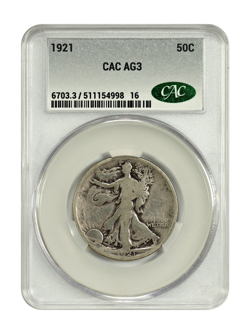 1921 Philadelphia Walking Liberty Half Dollar CACG AG03 Key Date: 1921 Philadelphia Walking Liberty Half Dollar CACG AG03 Key Date This 1921 Walking Liberty Half Dollar is a key date coin from the Philadelphia Mint, notable for its low mintage of only 246,000. Certi