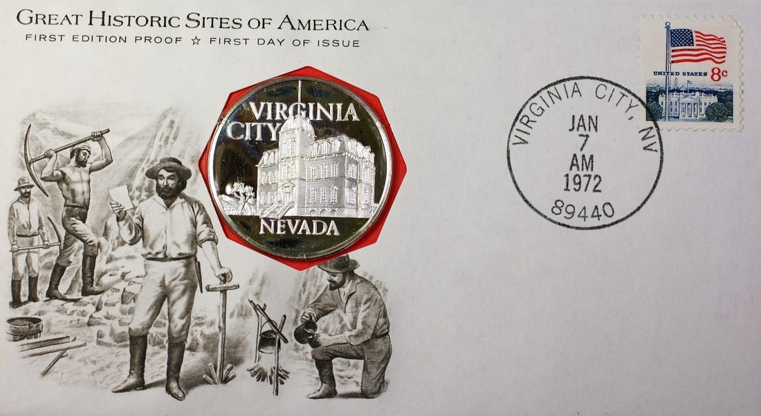 Proof Sterling Silver Medal First Day Cover Virginia City NV 1972 Historic Sites (1 of 3)