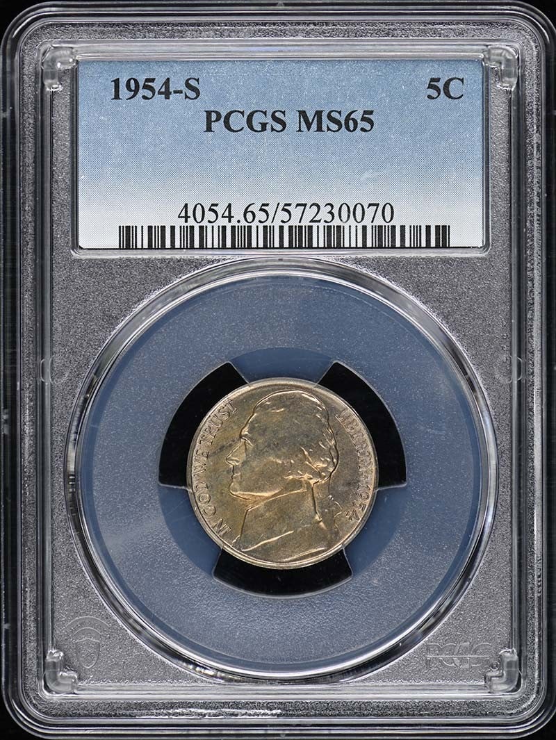 1954-S Jefferson Nickel PCGS MS65 Uncirculated Coin: 1954-S Jefferson Nickel PCGS MS65 Uncirculated Coin This 1954-S Jefferson Nickel is a remarkable specimen certified by PCGS with a grade of MS65, indicating its uncirculated condition. Minted in San