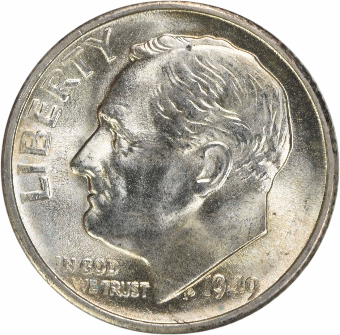 1949-S Silver Roosevelt 10C Uncertified Choice BU+: 1949-S Silver Roosevelt 10C Uncertified Choice BU+ This is a 1949 Roosevelt Silver Dime from the United States, featuring a Choice Brilliant Uncirculated Plus (BU+) grade. The coin is composed of silv