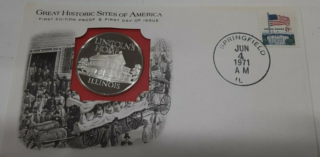 Franklin Mint Sterling Silver Medal Lincoln's Home 1971 First Day Cover Edition (1 of 3)