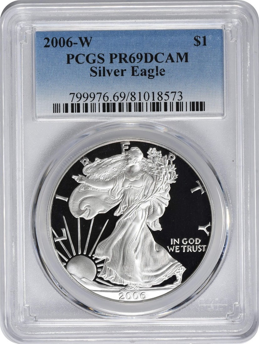2006-W American Silver Eagle Dollar PR69DCAM PCGS 1 oz Silver Proof Coin: 2006-W American Silver Eagle Dollar PR69DCAM PCGS 1 oz Silver Proof Coin This 2006-W American Silver Eagle Dollar is a stunning example of U.S. minting excellence, certified by PCGS with a grade of PR