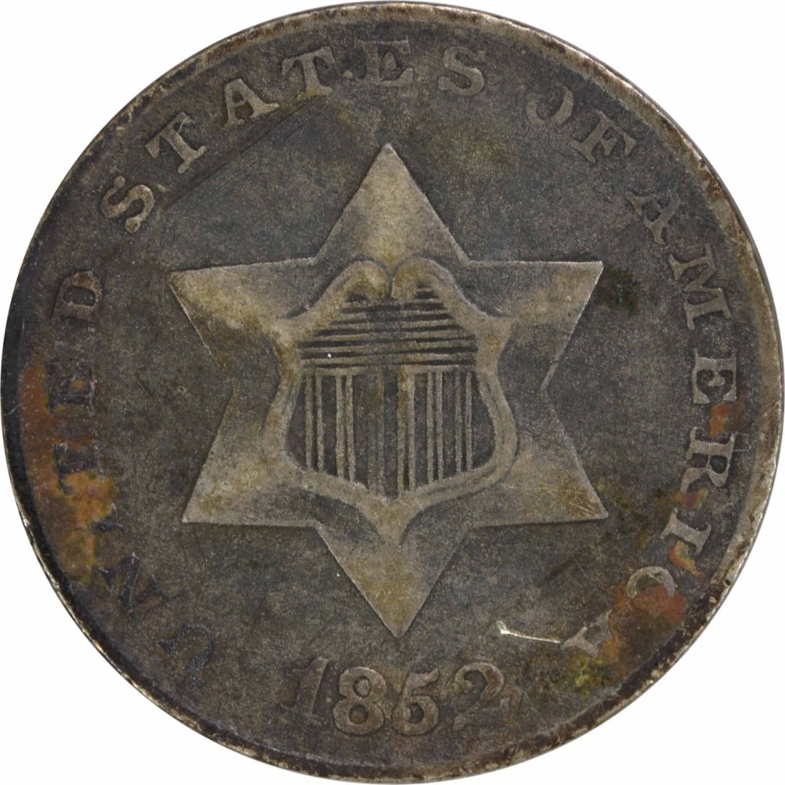 1852 Three Cent Silver Coin F Grade Uncertified USA: 1852 Three Cent Silver Coin F Grade Uncertified USA This 1852 Three Cent Silver coin, minted in Philadelphia, is a notable piece of American numismatic history. Featuring a composition of 75% silver a