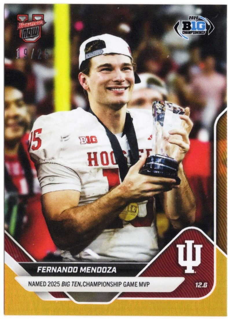 Fernando Mendoza 2025 Orange Foil Bowman U Now Rookie Card Number 58 Serial 2: Fernando Mendoza 2025 Orange Foil Bowman U Now Rookie Card Number 58 Serial 2 This is an original 2025 Topps Bowman U Now Fernando Mendoza #58 Orange Foil /2 rookie football card, featuring Fernando M