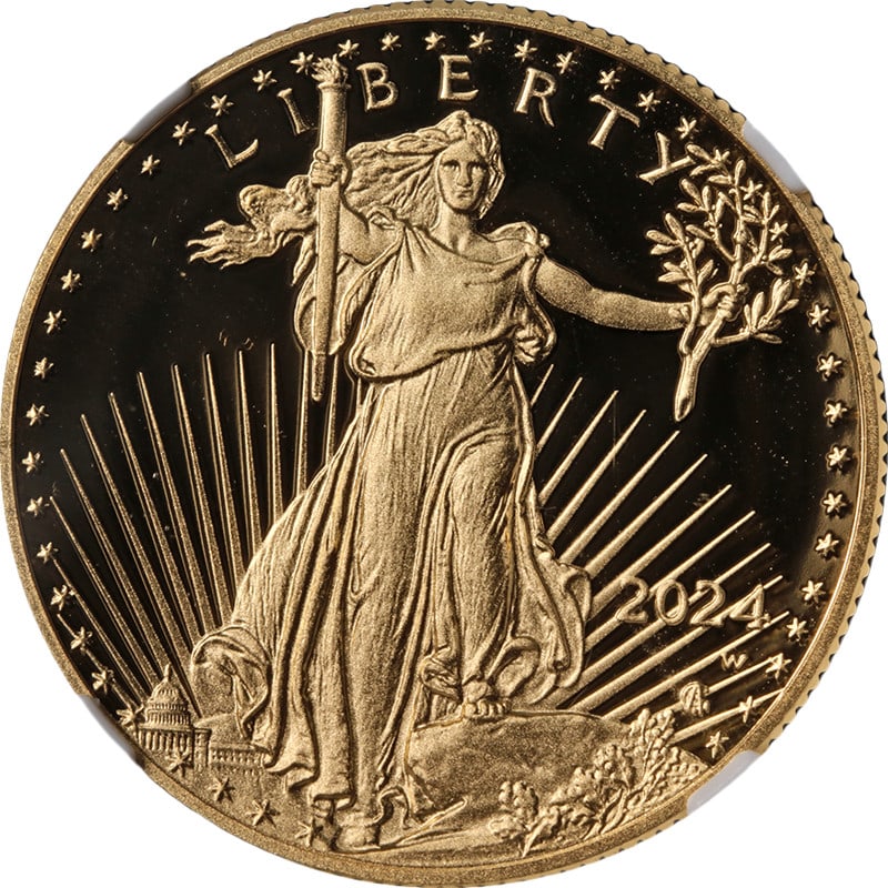 2024 W Proof Gold American Eagle $25 NGC PF70 Ultra Cameo FDOI: 2024 W Proof Gold American Eagle $25 NGC PF70 Ultra Cameo FDOI This is a 2024-W Gold American Eagle $25 Proof coin, graded by NGC as PF70 Ultra Cameo. The coin is uncirculated, composed of gold with a