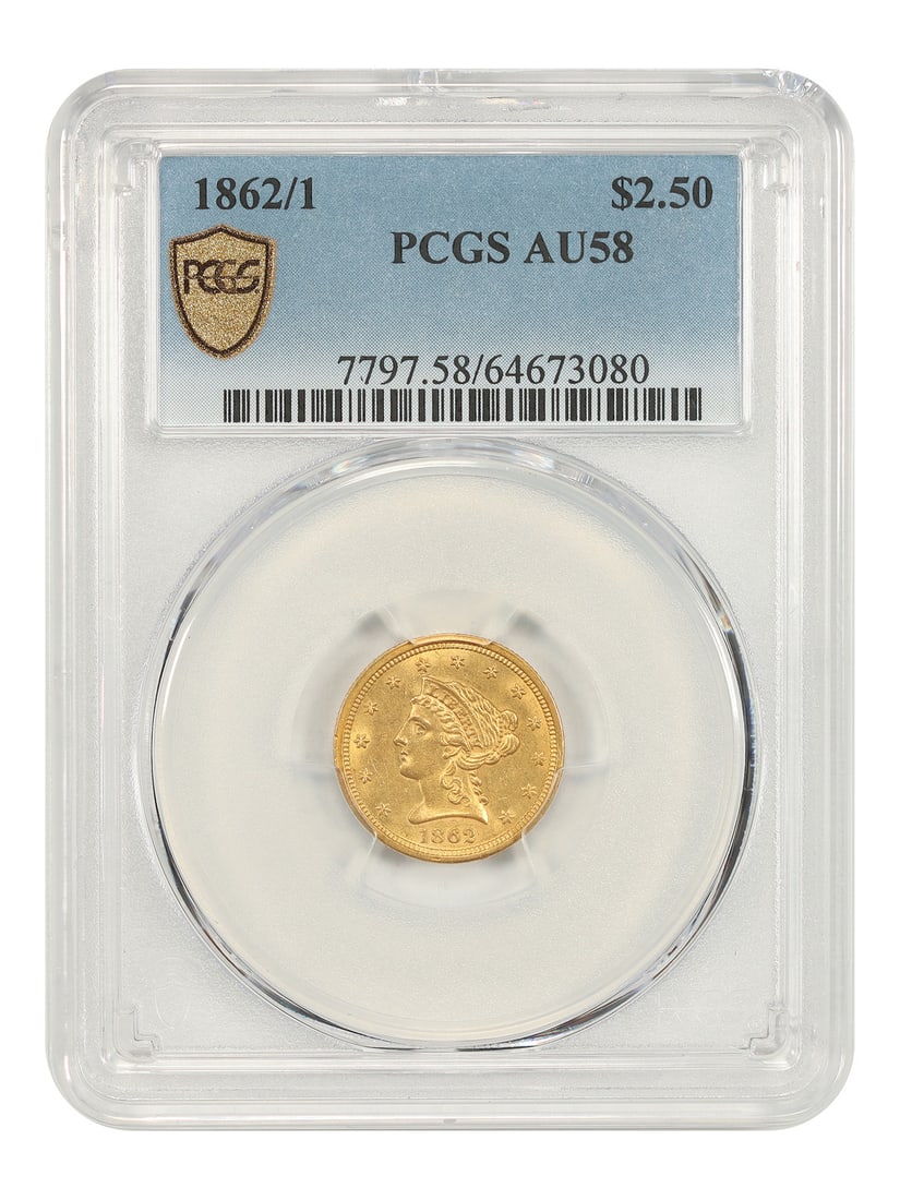 1862 Overdate Liberty Head $2.50 Gold Coin PCGS AU58: 1862 Overdate Liberty Head $2.50 Gold Coin PCGS AU58 This 1862/1 Liberty Head $2.50 Quarter Eagle is a certified gold coin graded AU58 by PCGS. Featuring the overdate variety, this coin was struck at 