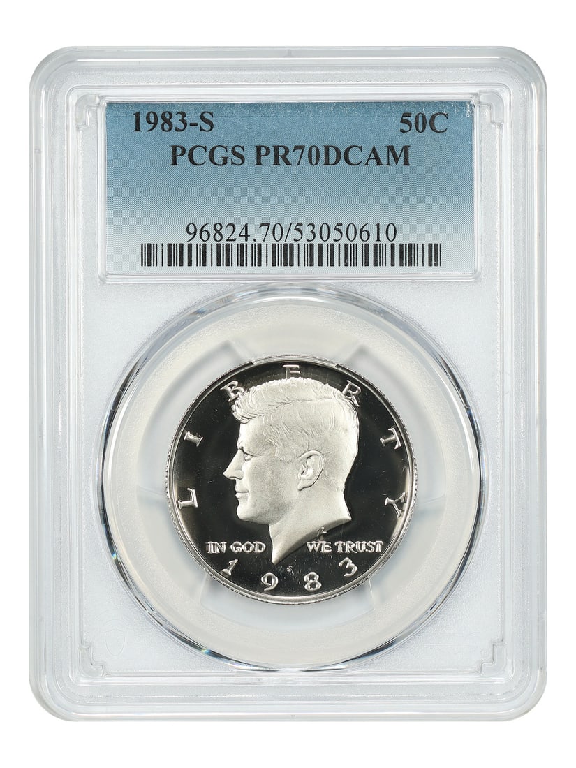 1983-S Kennedy Half Dollar PCGS PR70DCAM 50C: 1983-S Kennedy Half Dollar PCGS PR70DCAM 50C This 1983 Kennedy Half Dollar features a denomination of 50 cents and was minted in San Francisco. The coin has been certified by PCGS and is in pre-owned 
