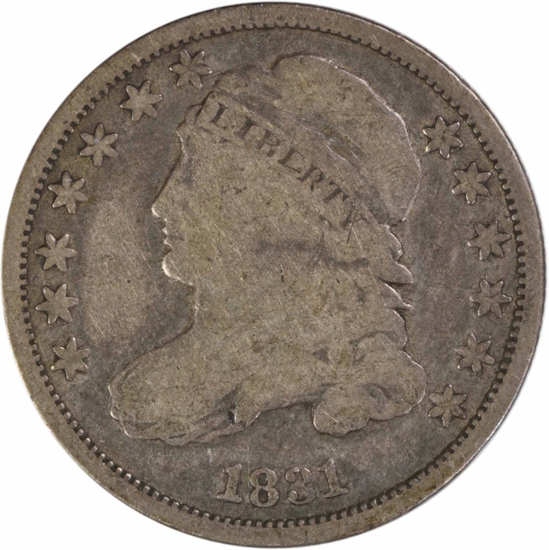 1831 Capped Bust Dime Silver Coin VG Grade Uncertified: 1831 Capped Bust Dime Silver Coin VG Grade Uncertified This is an 1831 Capped Bust Dime from the United States. The coin is composed of silver, has a denomination of 10 cents, and is graded VG (Very G