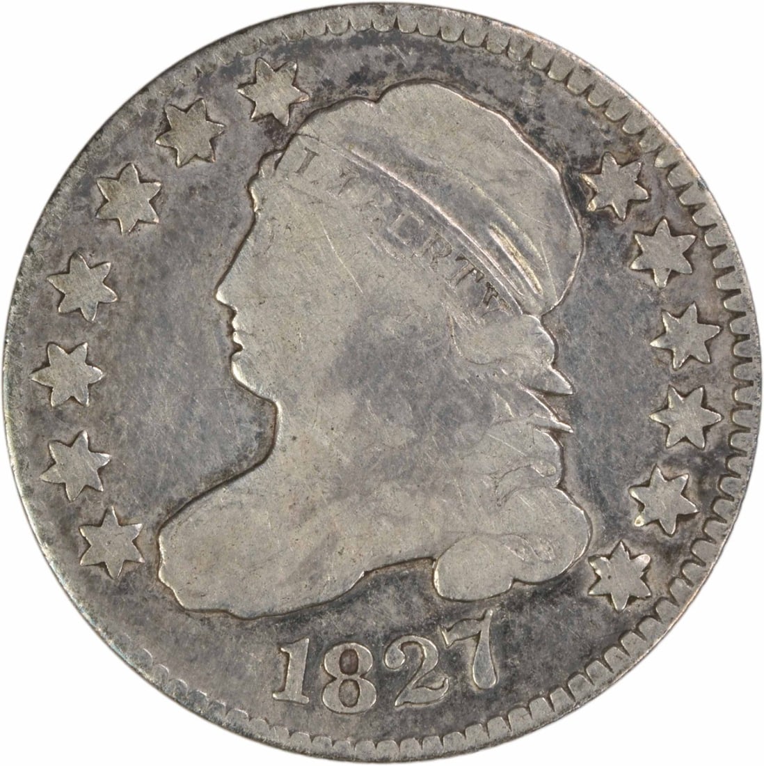 1827 Capped Bust Dime VG Grade Uncertified Philadelphia Mint: 1827 Capped Bust Dime VG Grade Uncertified Philadelphia Mint This is an 1827 Capped Bust silver dime from the Philadelphia Mint. The coin is circulated and graded VG (Very Good), featuring a compositi