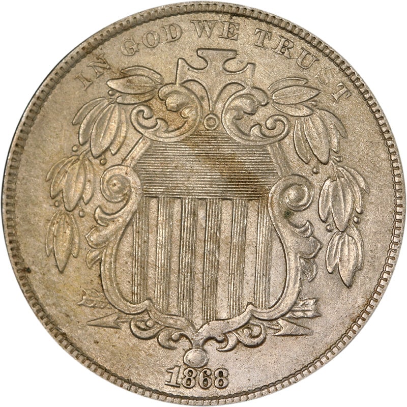 Circulated 1868 United States Shield Nickel Coin: Circulated 1868 United States Shield Nickel Coin This is an 1868 Shield Nickel from the United States. The coin is composed of nickel and has been previously circulated. It is uncertified and offered 