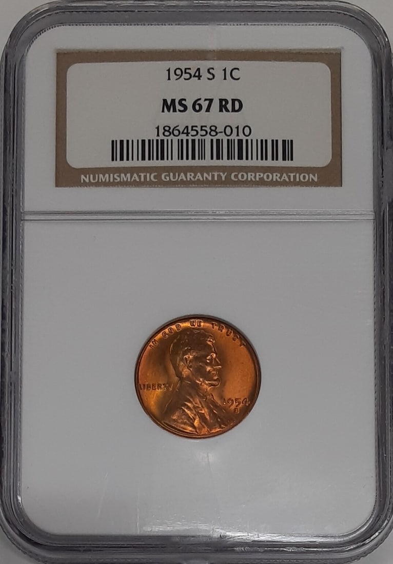 NGC MS-67 RD 1954-S Lincoln Wheat Copper Cent San Francisco Mint: NGC MS-67 RD 1954-S Lincoln Wheat Copper Cent San Francisco Mint This is a 1954-S Lincoln Wheat Cent graded MS-67 Red by NGC. The coin was minted in San Francisco, United States, and is composed of co