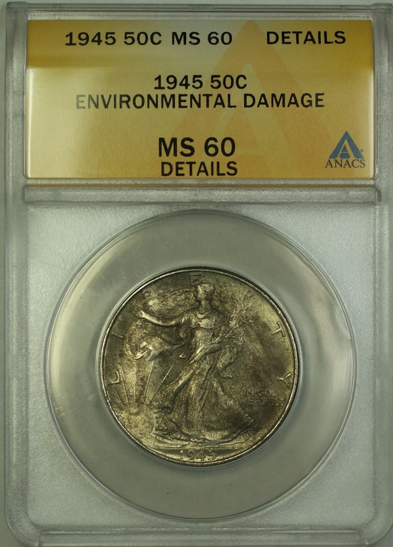 ANACS MS-60 1945 Walking Liberty Half Dollar Silver Coin: ANACS MS-60 1945 Walking Liberty Half Dollar Silver Coin This is a 1945 Walking Liberty Silver Half Dollar coin graded MS-60 Details by ANACS. The coin is uncirculated but exhibits environmental damag