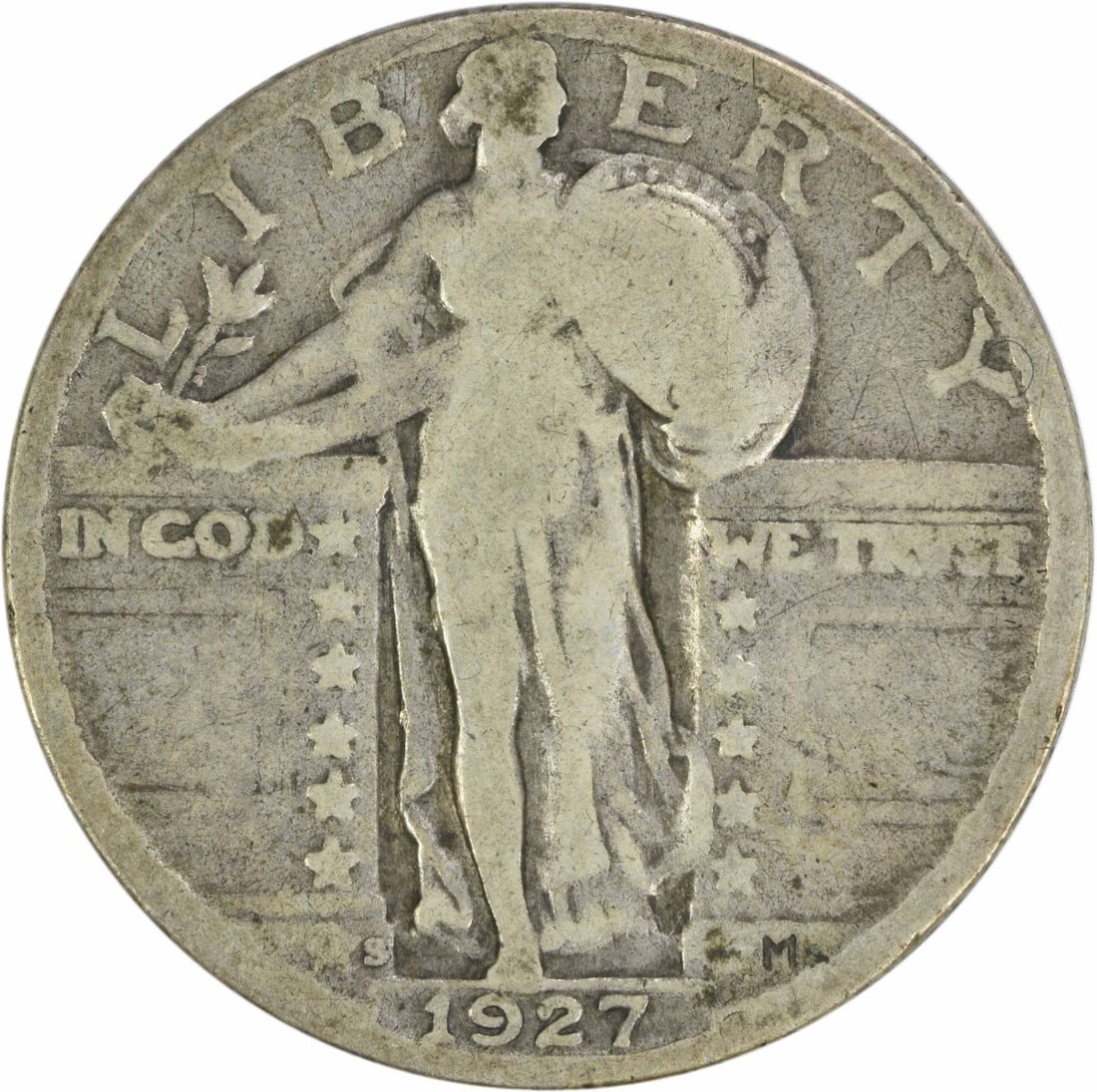 1927-S Standing Liberty Quarter 90% Silver Uncertified: 1927-S Standing Liberty Quarter 90% Silver Uncertified This 1927-S Standing Liberty Silver Quarter is a unique piece of American numismatic history. Minted in San Francisco, this quarter features the 
