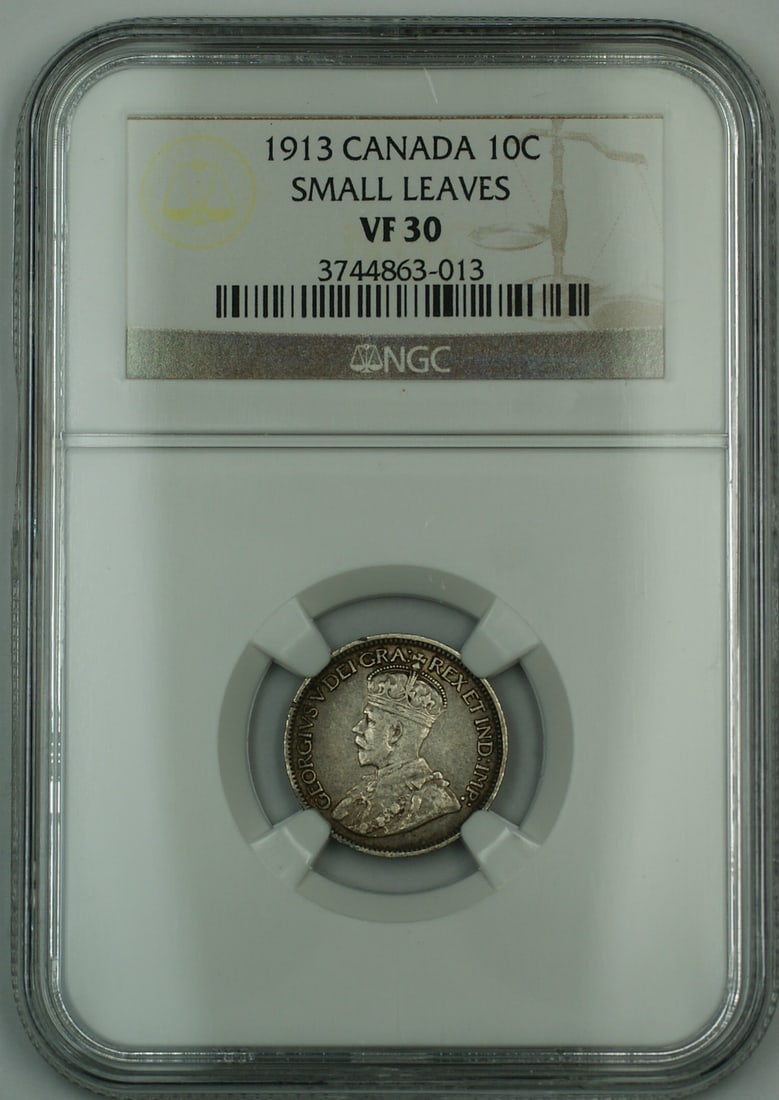 Canada 1913 10 Cent Dime Small Leaves NGC VF-30: Canada 1913 10 Cent Dime Small Leaves NGC VF-30 This 1913 Canada 10-cent dime features the "Small Leaves" variety and has been graded VF-30 by NGC. The coin is circulated and comes encapsulated in an 