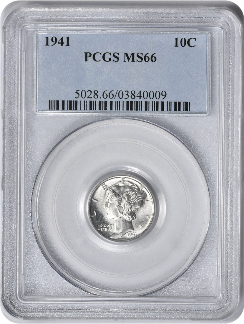 1941 Mercury Dime MS66 PCGS Uncirculated 90% Silver Coin: 1941 Mercury Dime MS66 PCGS Uncirculated 90% Silver Coin This 1941 Mercury Silver Dime is a remarkable piece, certified by PCGS with a high grade of MS66. It features the classic design by Adolph Alex