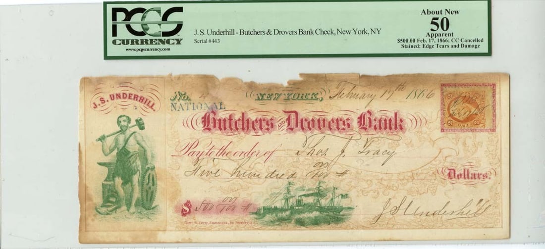 PCGS AU50 Certified 1866 Drovers Bank $500 Check New York J S Underhill (1 of 2)